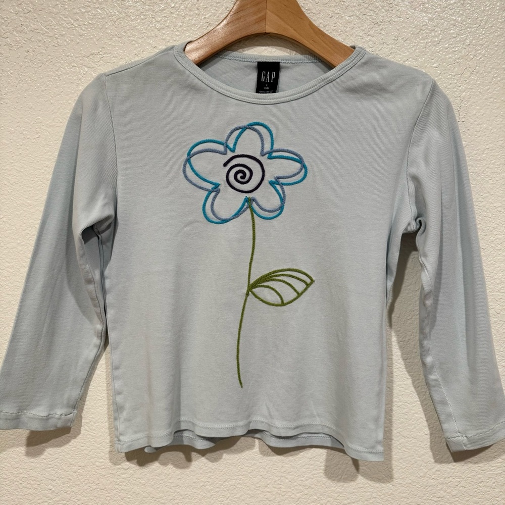 Kids Gap Girls Blue Green Embroidered Flower Long Sleeve T-Shirt L 10